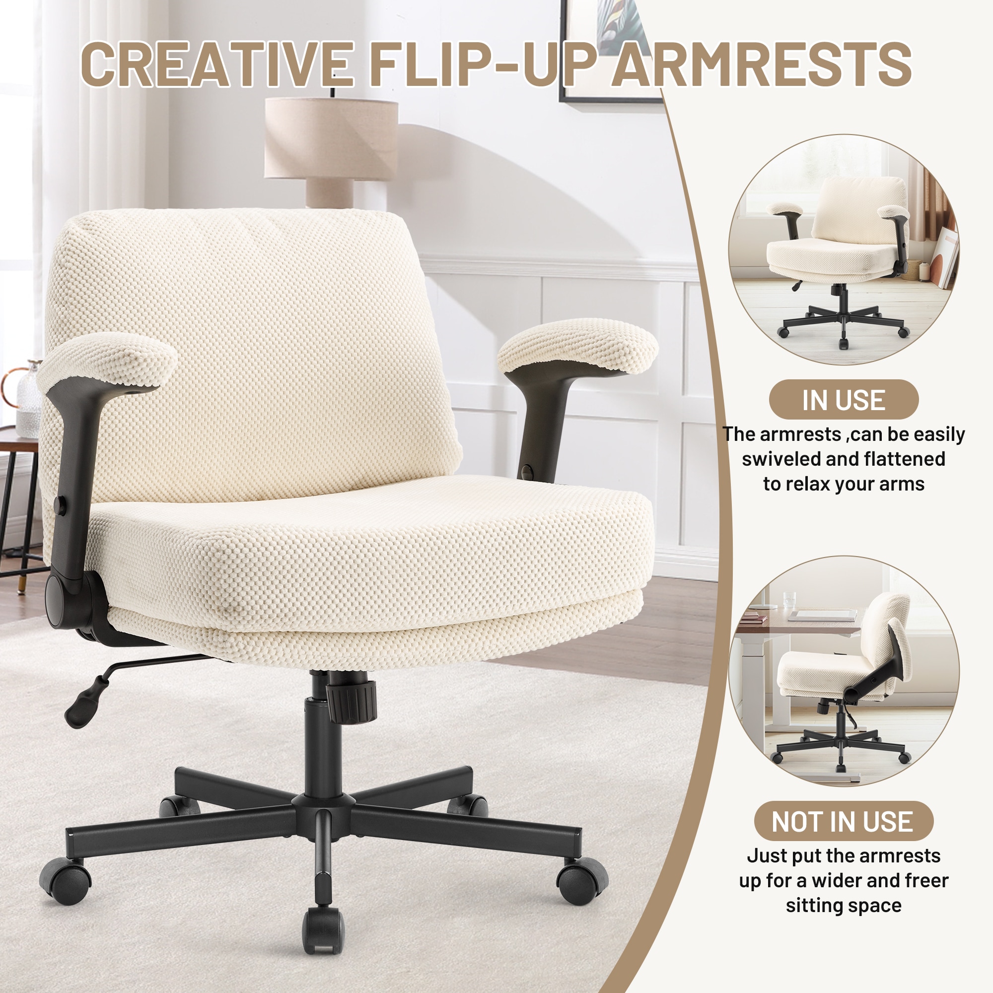 Criss Cross Chair With Wheels And Flip Arms- Comfy Fabric Cross Legged Office Chair With Thick Cushion&Wide Seat, Adjustable Swivel Desk Chair For Home Office, Apartment, Bedroom_voghion.com
